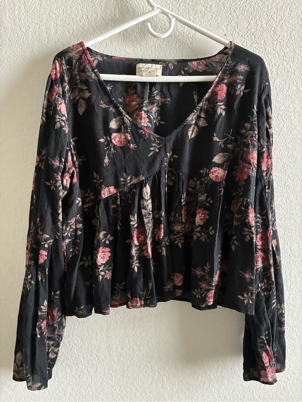 Ralph Lauren Denim & Supply Black Floral V-Neck Peplum Top with Rose Print